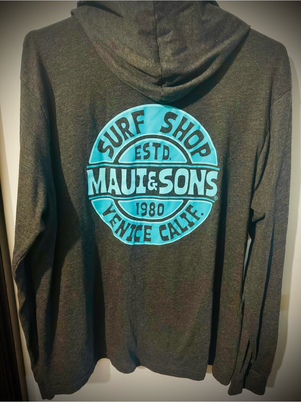 Light Charcoal Hoodie with Teal Surf Shop Logo